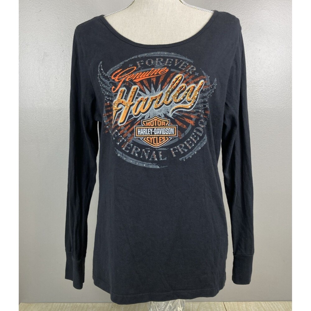 Womens Black Harley Davidson Sz XL Long-Sleeved Shirt w/ Rhinestones Bellmore,NY